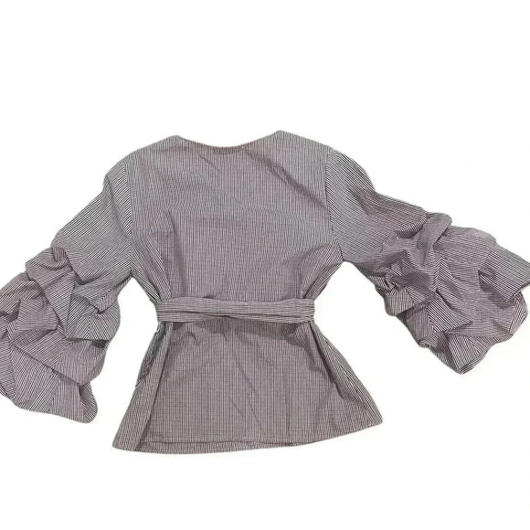 Anthropologie ruffled puff sleeve blouse gingham print bow tie belt small - Picture 3 of 11
